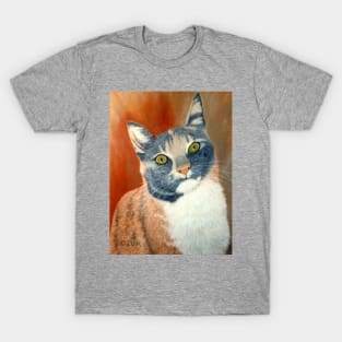 Calico Cat Pastel Portrait in Grey, White and Orange T-Shirt